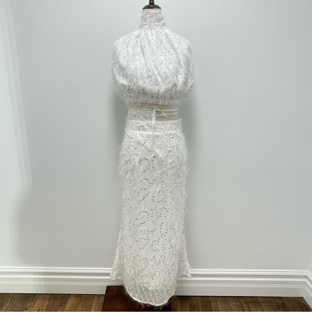 PANN Tadashi Sequined Tie Top and Tadashi Sequined Skirt, White, Small